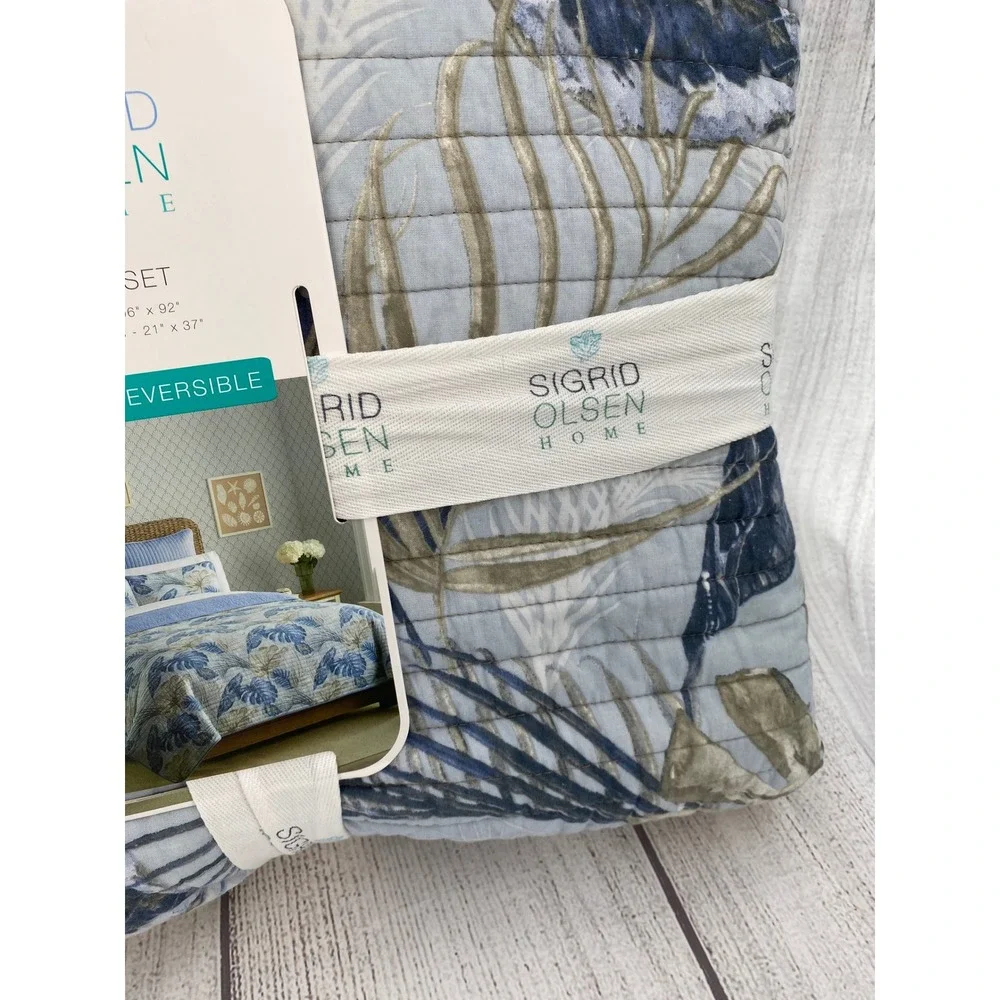 Sigrid Olsen Home Quilt Set King Blue Tropical Leaf Reversible Cotton Botanical - Picture 5 of 11